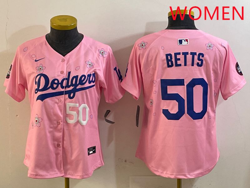 Women Los Angeles Dodgers #50 Betts Pink Sakura Edition 2025 Nike MLB Jersey style 5